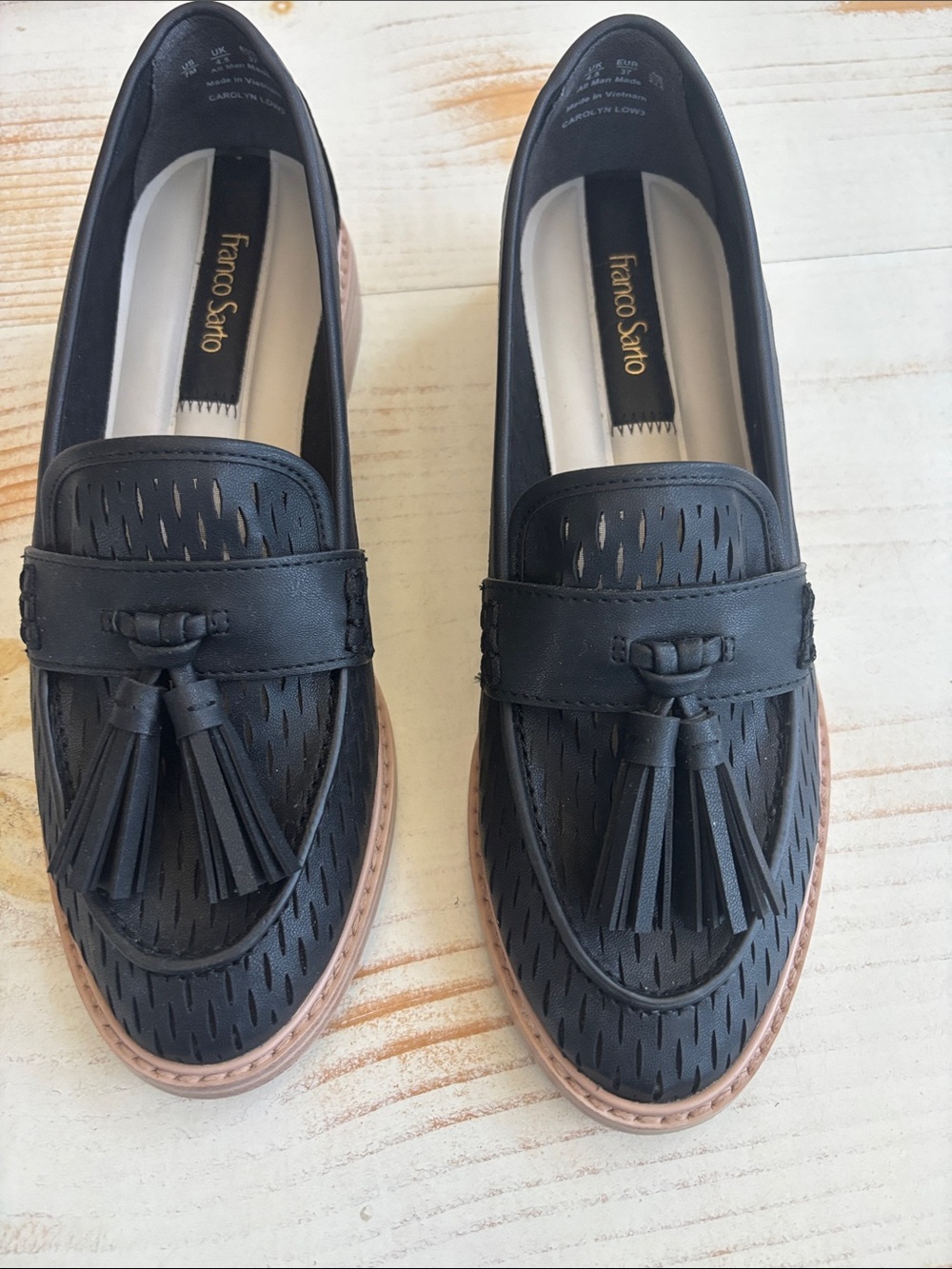 Franco Sarto women’s black loafers  with tassels and light colored sole